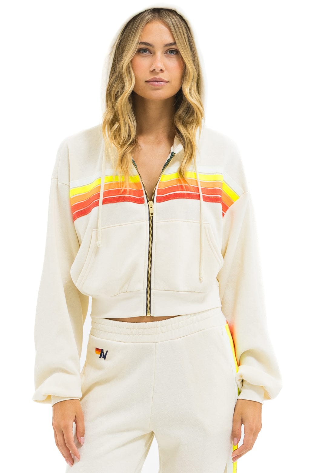 Aviator Nation 5 STRIPE CROPPED ZIP HOODIE RELAXED - VINTAGE WHITE // WHITE NEON