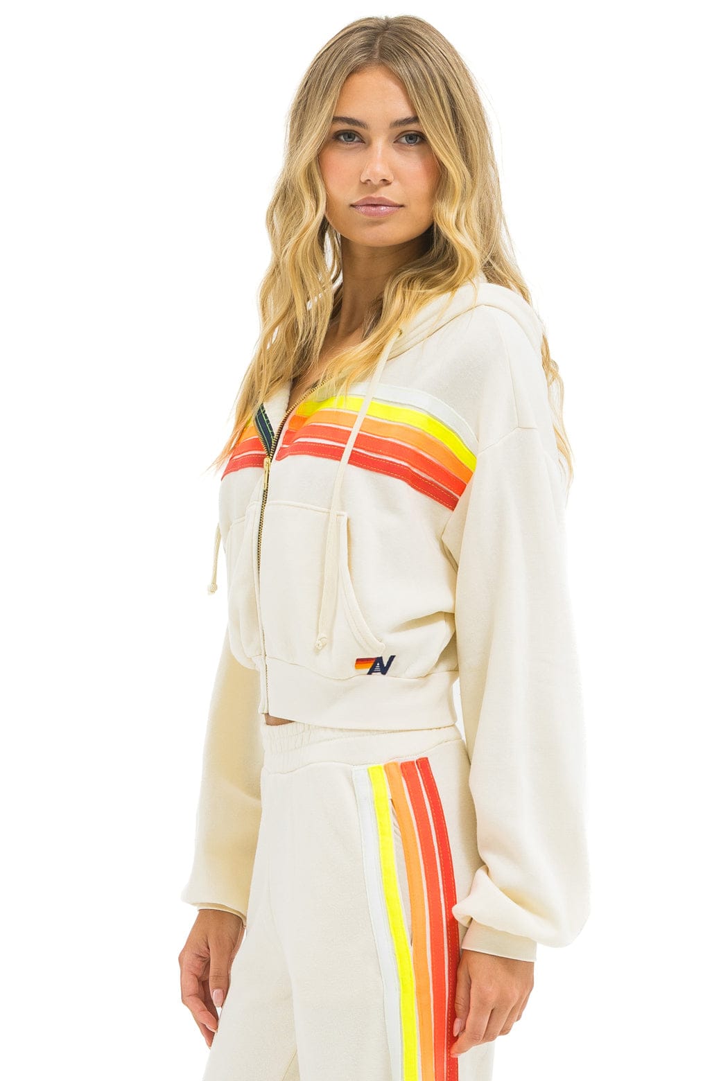 Aviator Nation 5 STRIPE CROPPED ZIP HOODIE RELAXED - VINTAGE WHITE // WHITE NEON