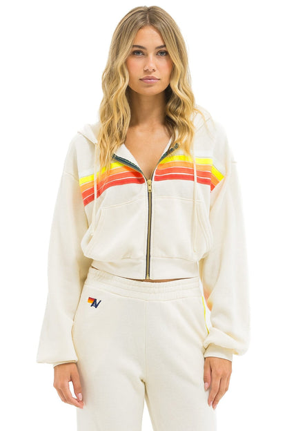Aviator Nation 5 STRIPE CROPPED ZIP HOODIE RELAXED - VINTAGE WHITE // WHITE NEON