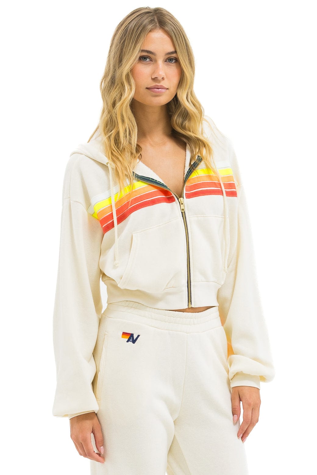 Aviator Nation 5 STRIPE CROPPED ZIP HOODIE RELAXED - VINTAGE WHITE // WHITE NEON