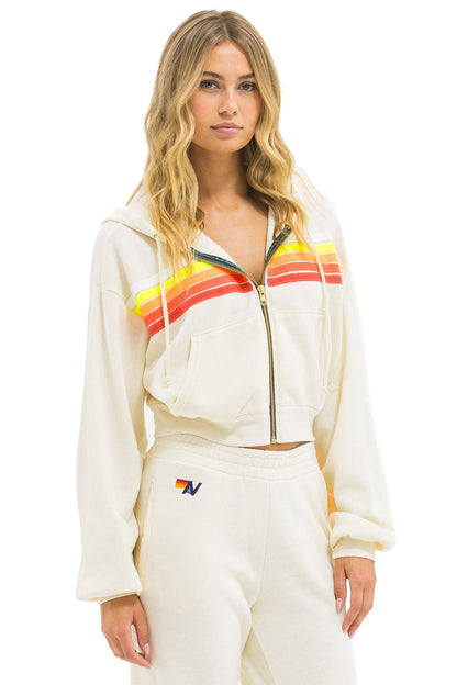 Aviator Nation 5 STRIPE CROPPED ZIP HOODIE RELAXED - VINTAGE WHITE // WHITE NEON
