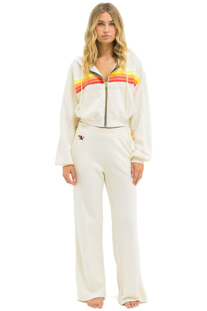 Aviator Nation 5 STRIPE CROPPED ZIP HOODIE RELAXED - VINTAGE WHITE // WHITE NEON