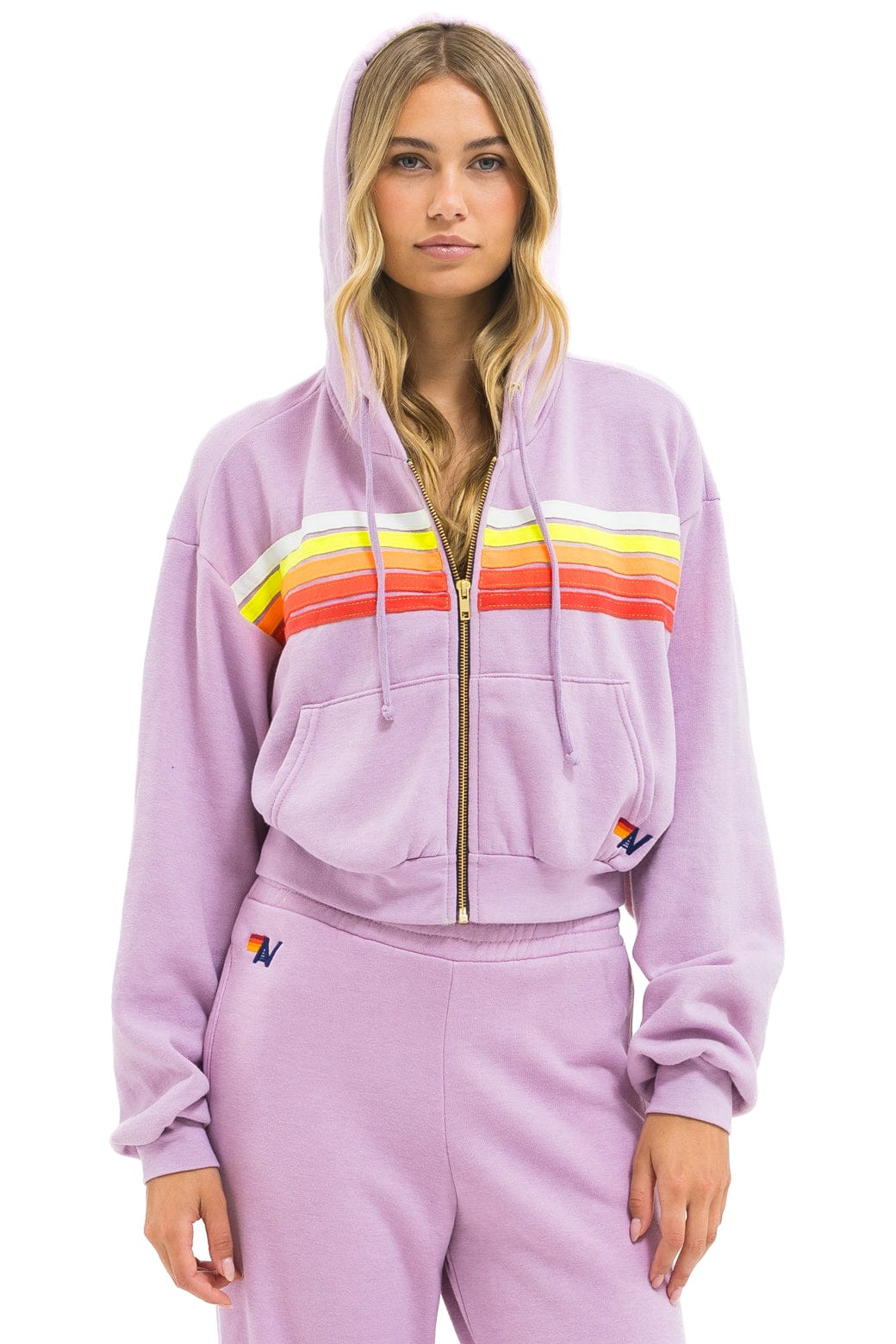 Aviator Nation 5 STRIPE CROPPED ZIP HOODIE RELAXED - MAUVE // WHITE NEON