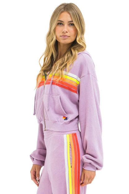 Aviator Nation 5 STRIPE CROPPED ZIP HOODIE RELAXED - MAUVE // WHITE NEON