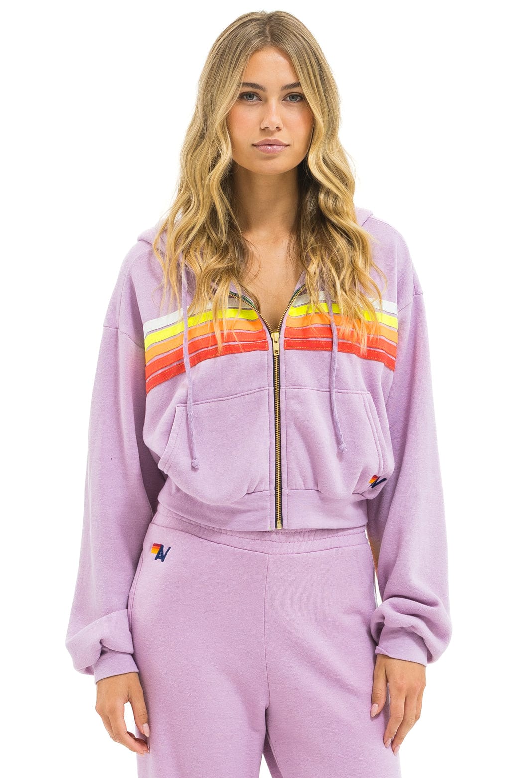 Aviator Nation 5 STRIPE CROPPED ZIP HOODIE RELAXED - MAUVE // WHITE NEON