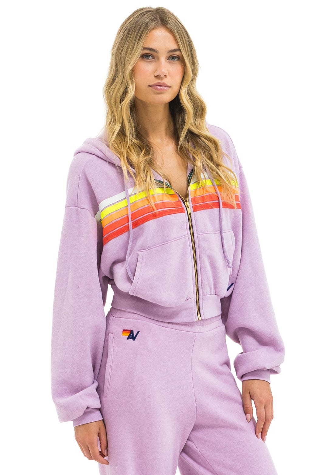 Aviator Nation 5 STRIPE CROPPED ZIP HOODIE RELAXED - MAUVE // WHITE NEON