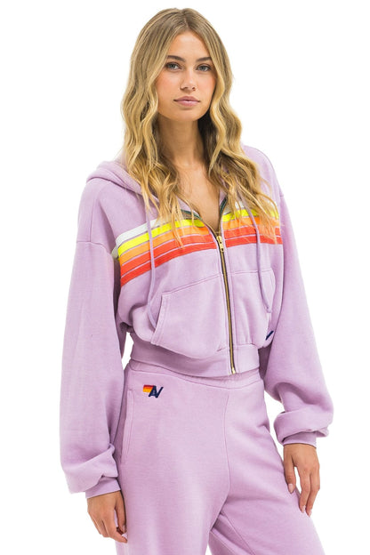 Aviator Nation 5 STRIPE CROPPED ZIP HOODIE RELAXED - MAUVE // WHITE NEON