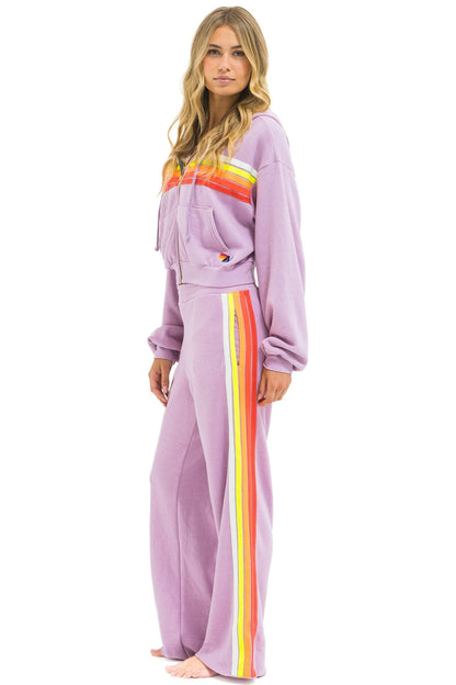 Aviator Nation 5 STRIPE CROPPED ZIP HOODIE RELAXED - MAUVE // WHITE NEON
