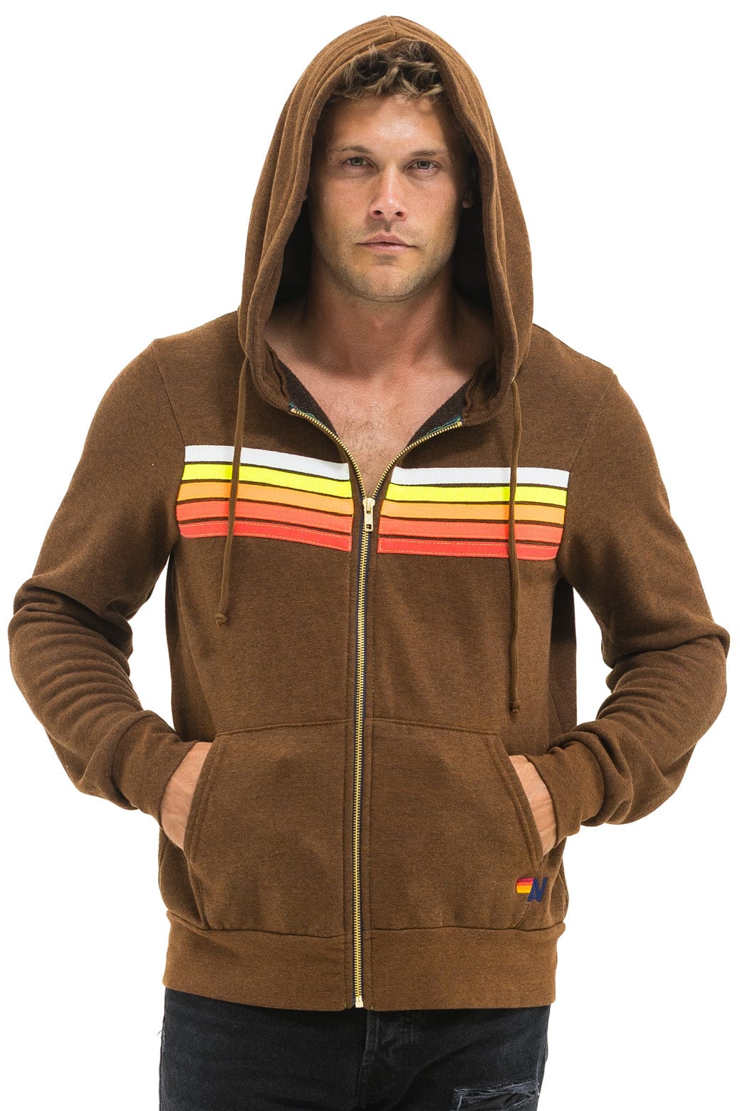 Aviator Nation 5 STRIPE HOODIE - CHOCOLATE // WHITE NEON