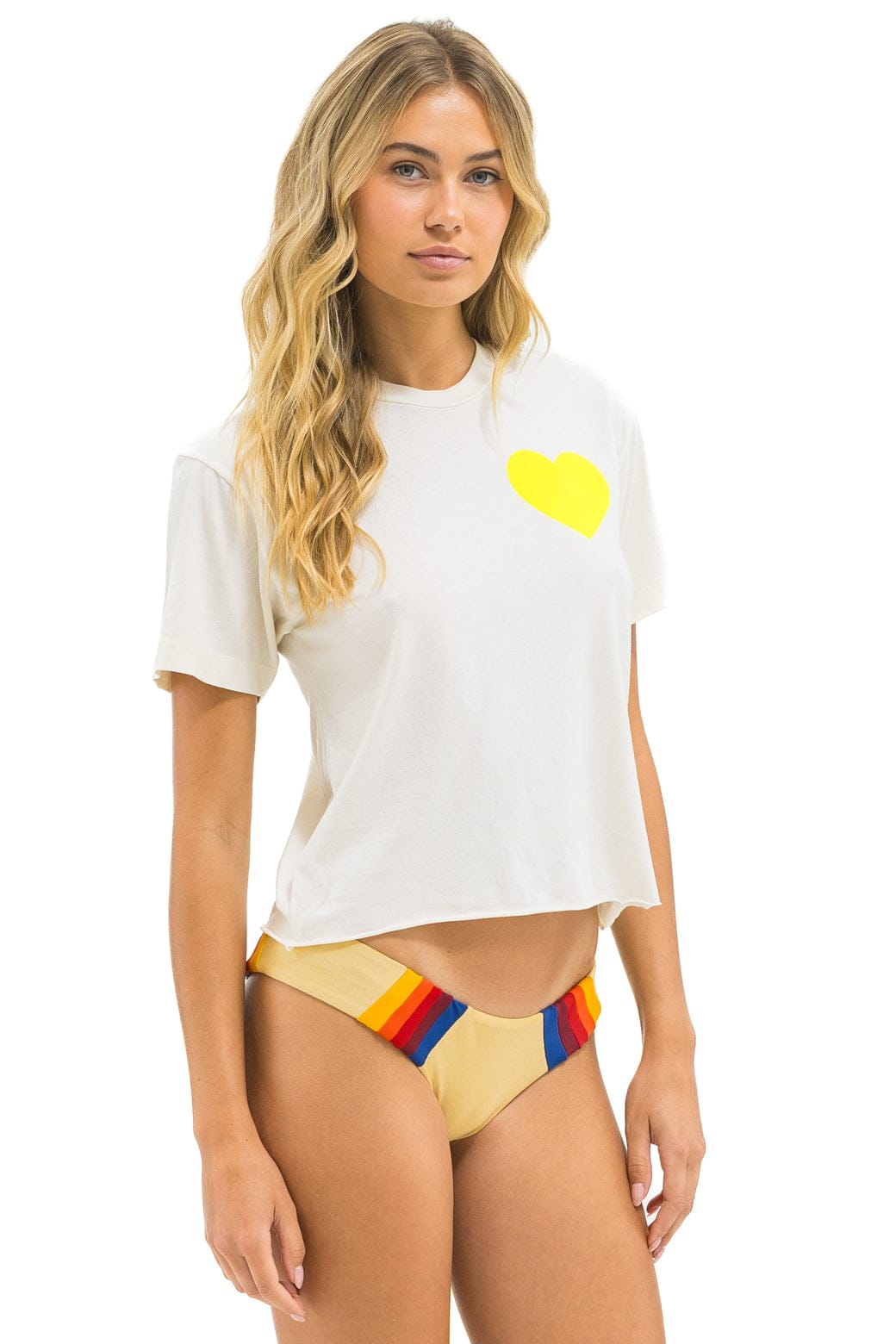 Aviator Nation HEART PRINT BOYFRIEND TEE - VINTAGE WHITE // NEON YELLOW
