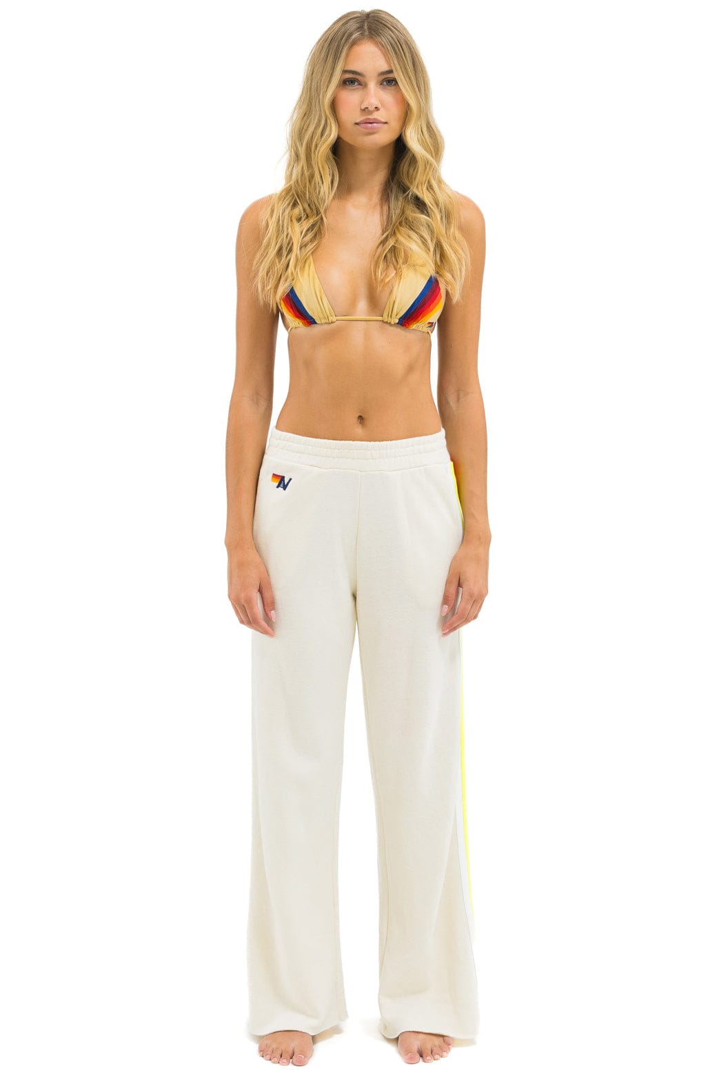 Aviator Nation 5 STRIPE WIDE LEG POCKET SWEATPANTS - VINTAGE WHITE // WHITE NEON