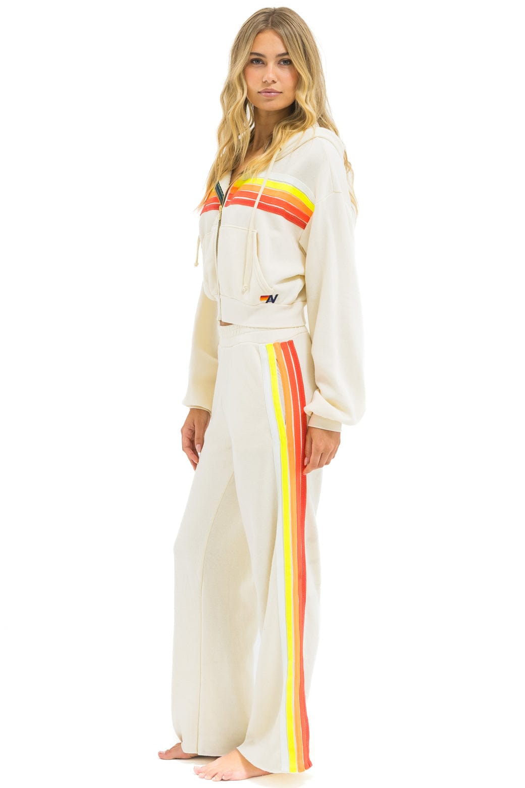 Aviator Nation 5 STRIPE WIDE LEG POCKET SWEATPANTS - VINTAGE WHITE // WHITE NEON