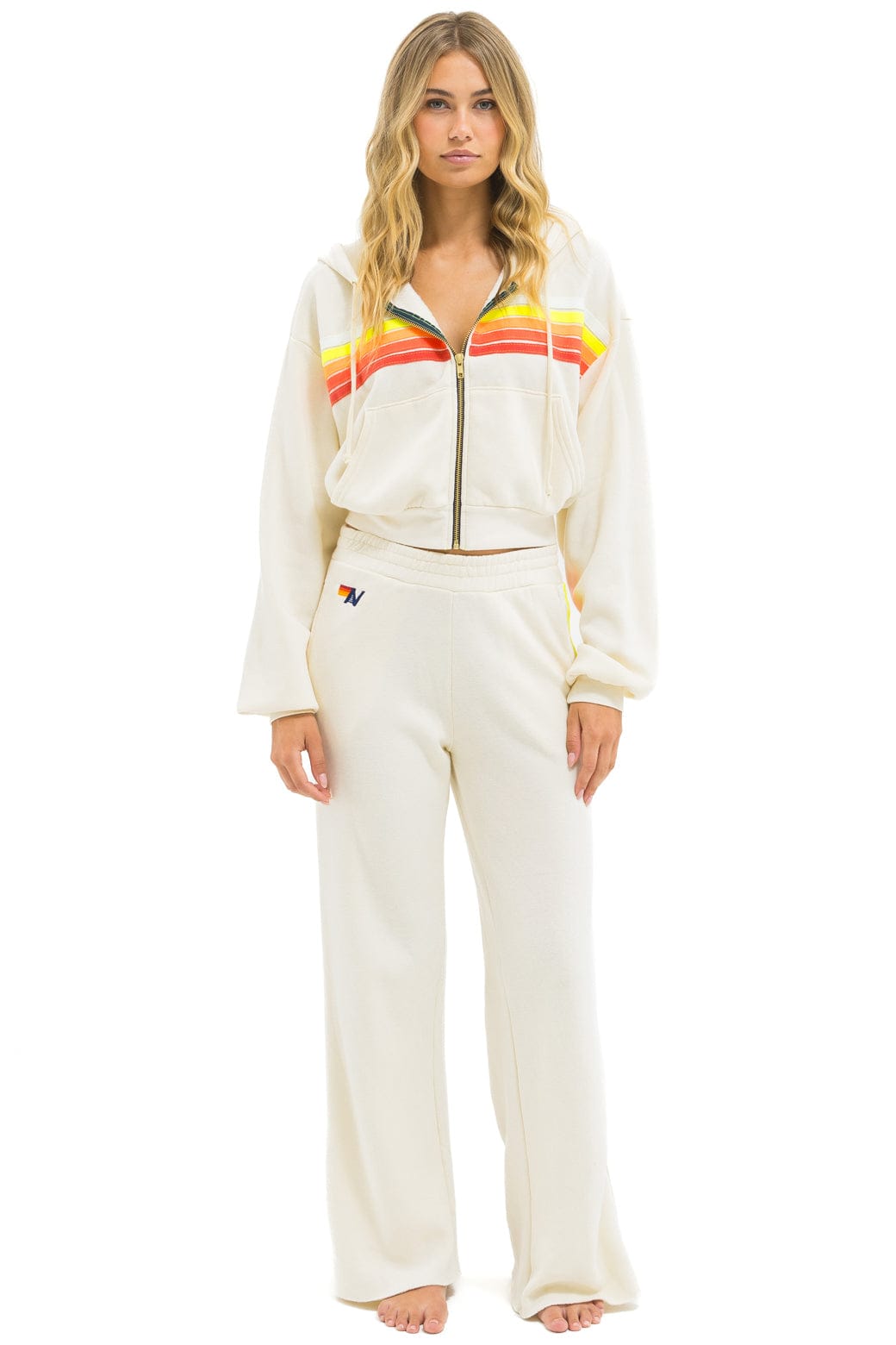 Aviator Nation 5 STRIPE WIDE LEG POCKET SWEATPANTS - VINTAGE WHITE // WHITE NEON