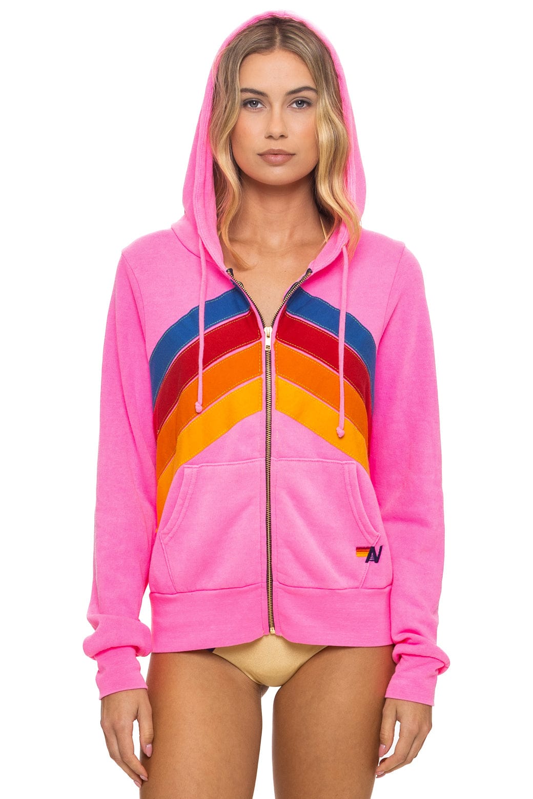 Aviator Nation MOUNTAIN STITCH CHEVRON 4 ZIP HOODIE - NEON PINK