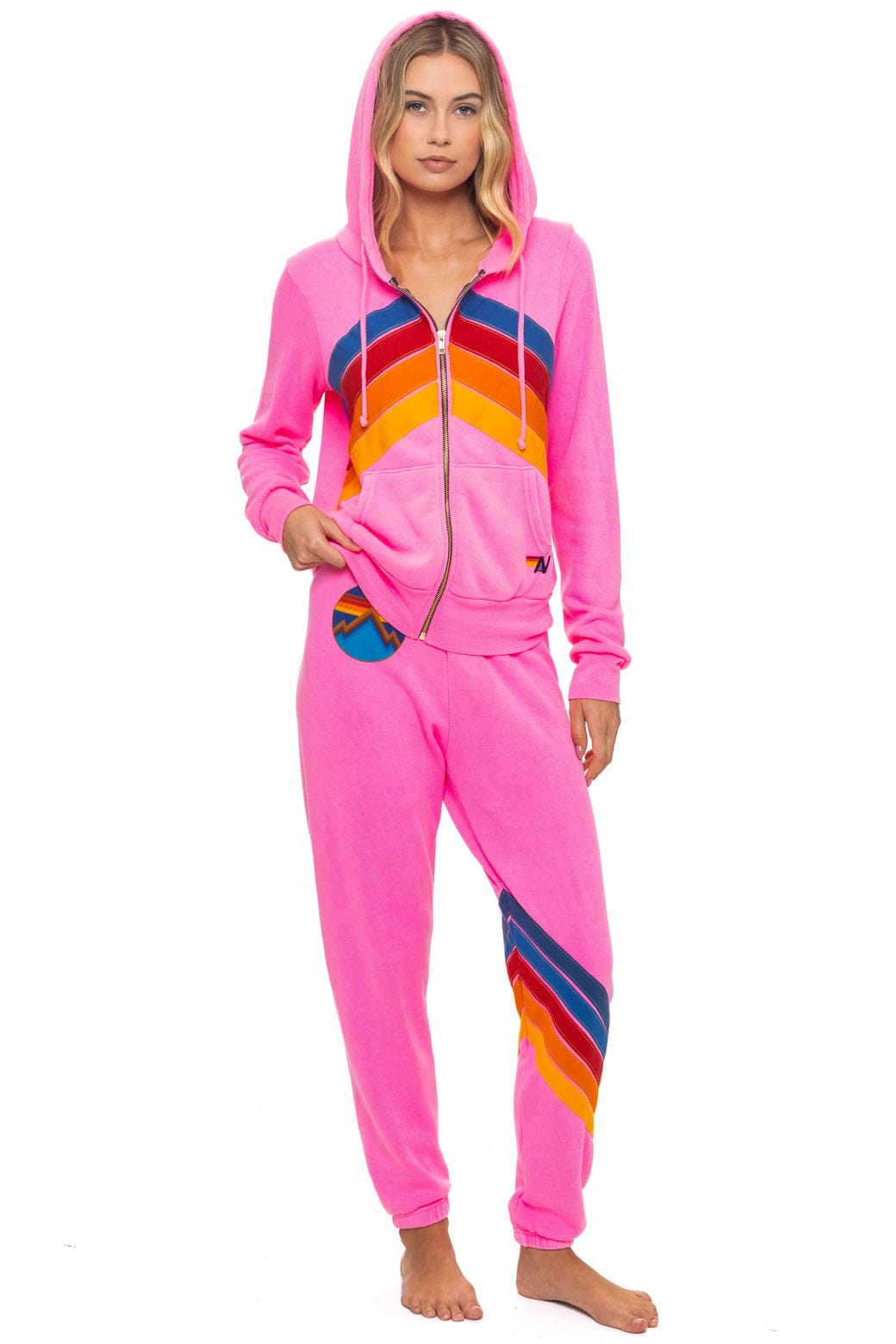 Aviator Nation MOUNTAIN STITCH CHEVRON 4 ZIP HOODIE - NEON PINK