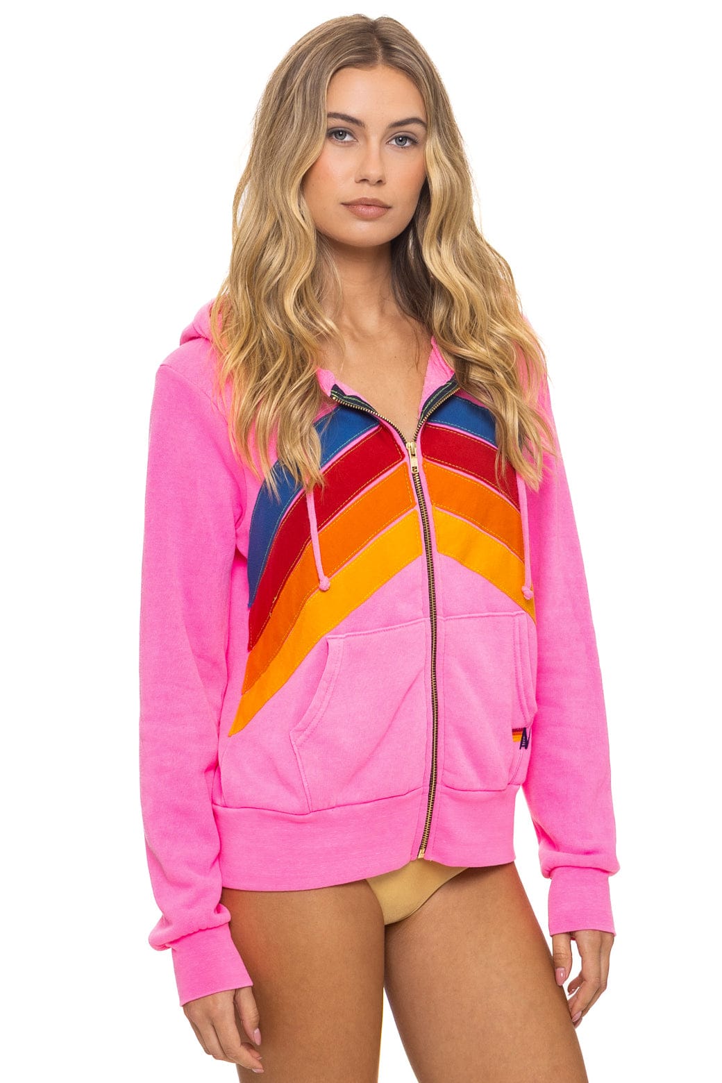 Aviator Nation MOUNTAIN STITCH CHEVRON 4 ZIP HOODIE - NEON PINK