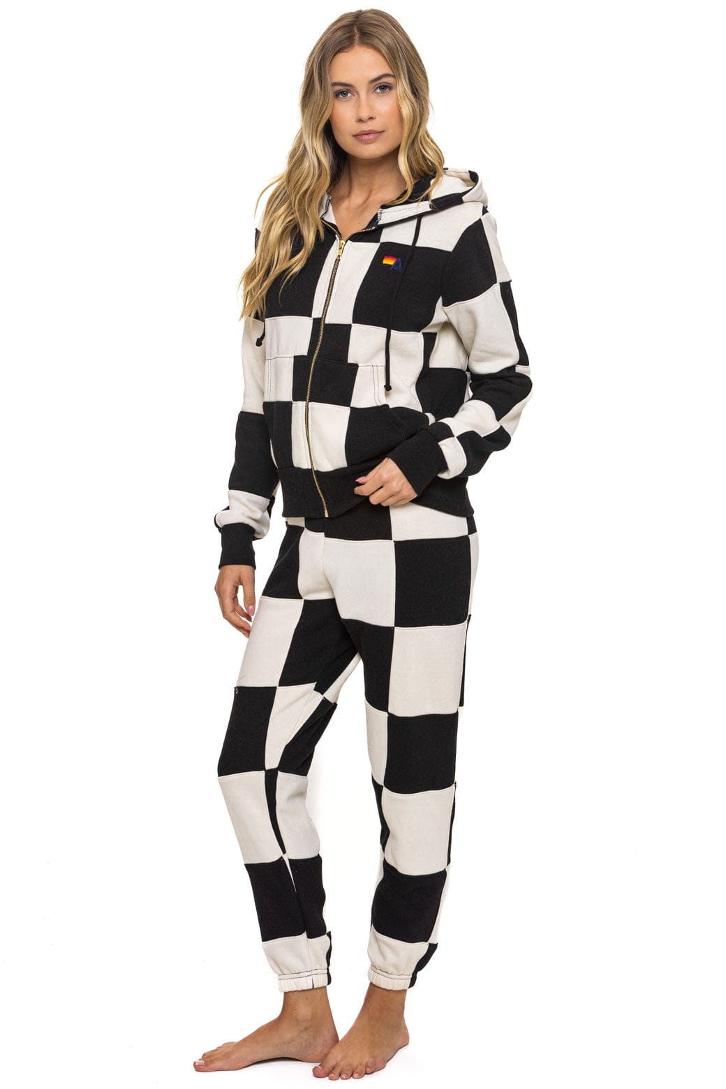 Aviator Nation CHECK QUILT ZIP HOODIE - VINTAGE WHITE // BLACK