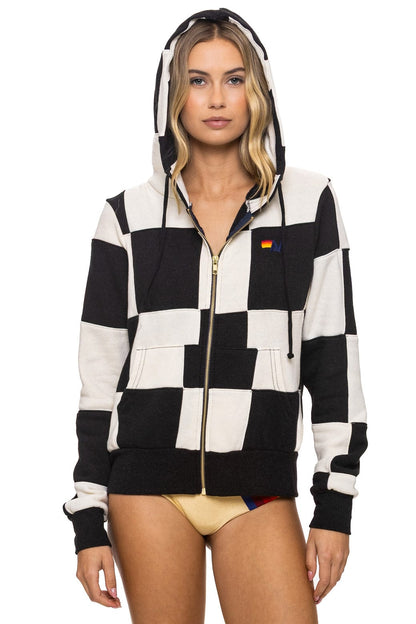Aviator Nation CHECK QUILT ZIP HOODIE - VINTAGE WHITE // BLACK