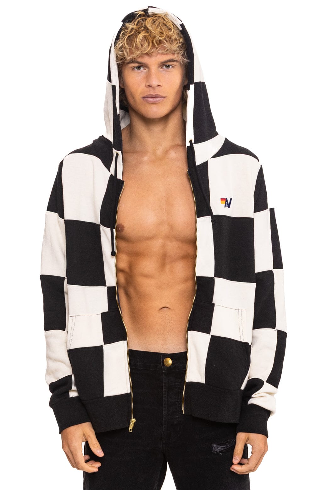 Aviator Nation CHECK QUILT ZIP HOODIE - VINTAGE WHITE // BLACK