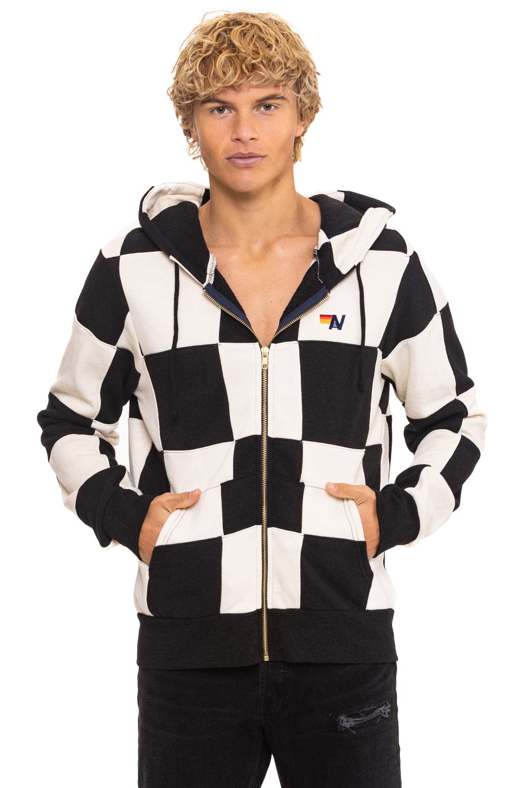 Aviator Nation CHECK QUILT ZIP HOODIE - VINTAGE WHITE // BLACK