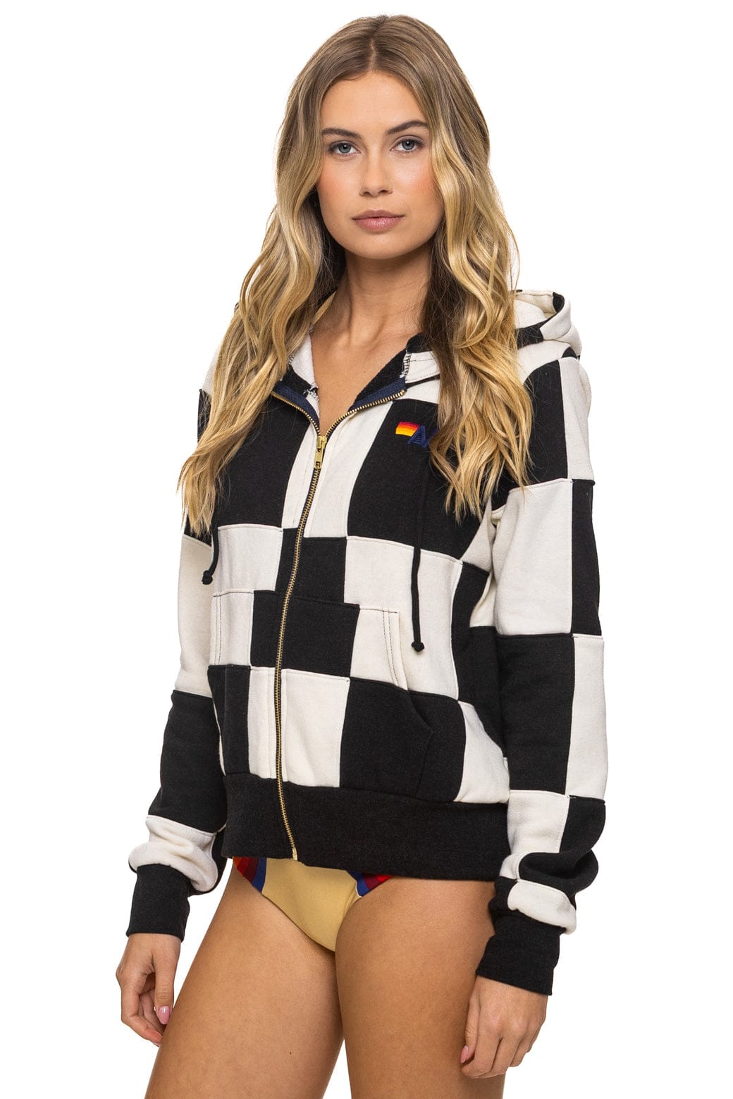 Aviator Nation CHECK QUILT ZIP HOODIE - VINTAGE WHITE // BLACK