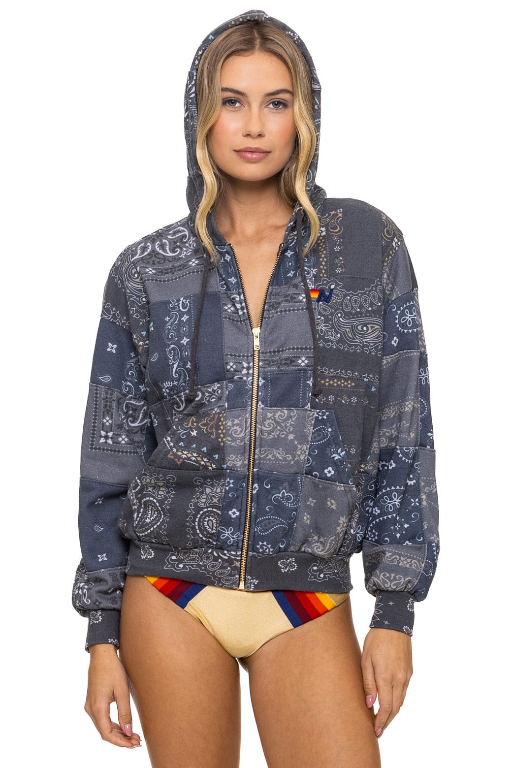 Aviator Nation BANDANA QUILTED RELAXED ZIP HOODIE - CHARCOAL