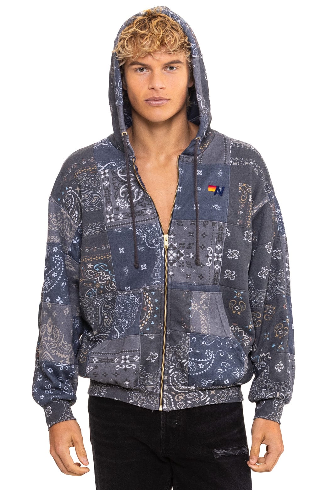 Aviator Nation BANDANA QUILTED RELAXED ZIP HOODIE - CHARCOAL