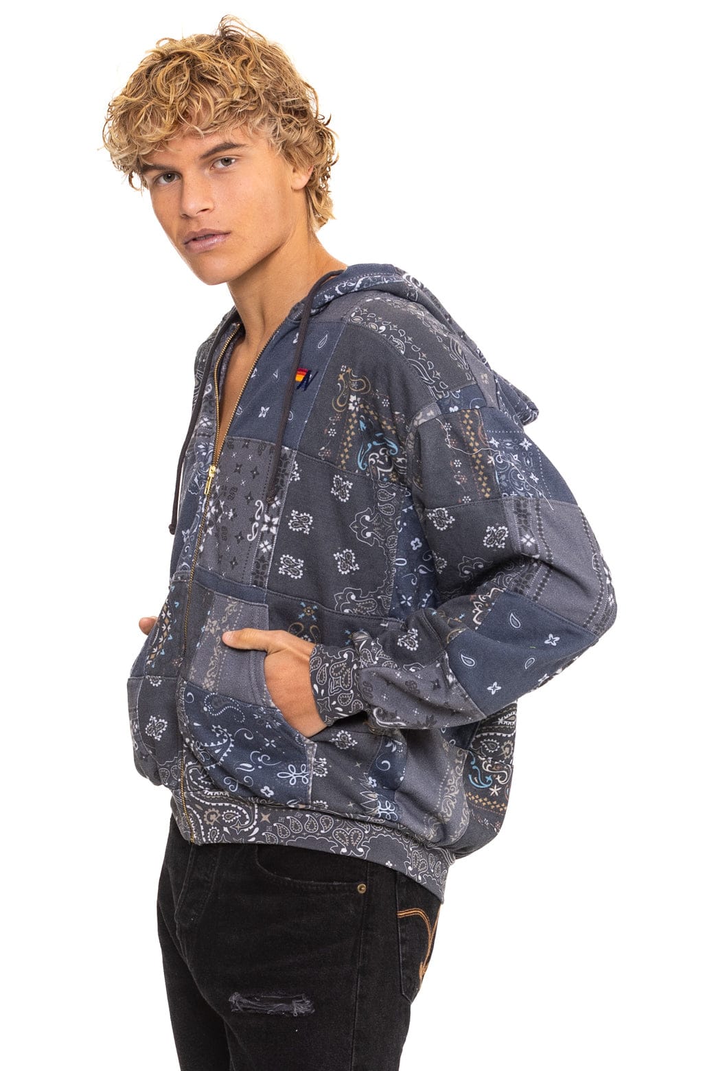 Aviator Nation BANDANA QUILTED RELAXED ZIP HOODIE - CHARCOAL