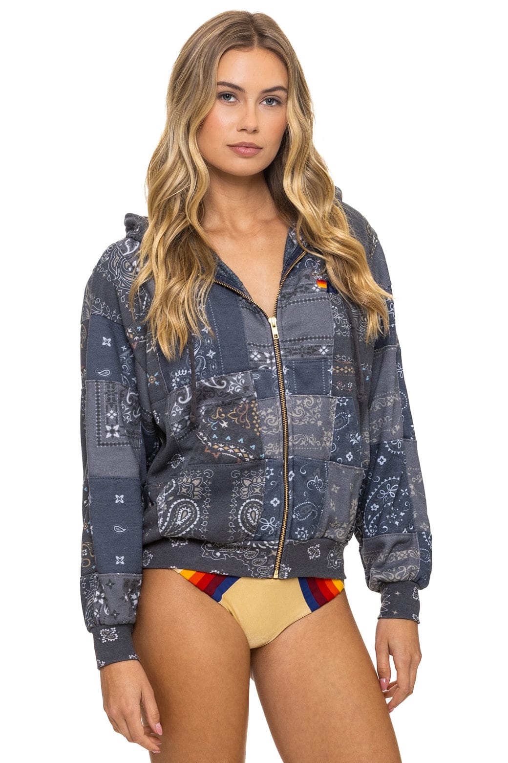 Aviator Nation BANDANA QUILTED RELAXED ZIP HOODIE - CHARCOAL