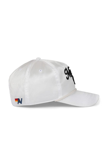 Aviator Nation MEMBERS EXCLUSIVE VINTAGE SATIN SCRIPT TRUCKER HAT - WHITE // BLACK