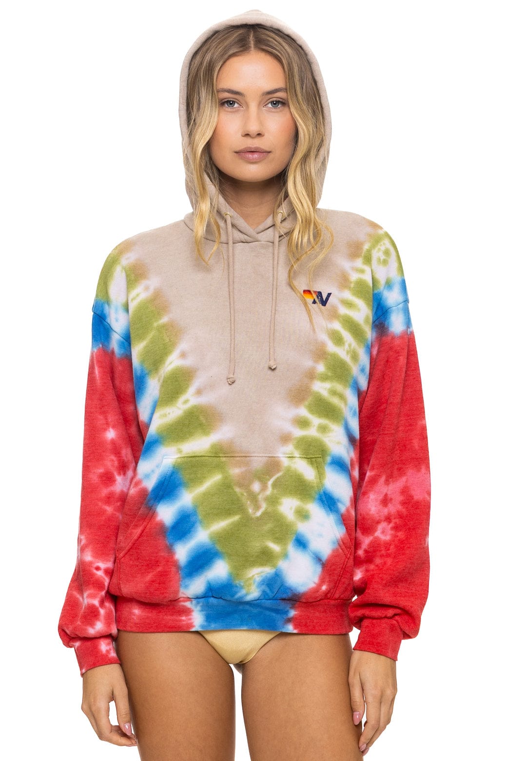 Aviator Nation HAND DYED V RELAXED PULLOVER HOODIE - TIE DYE SAND // BLUE RED