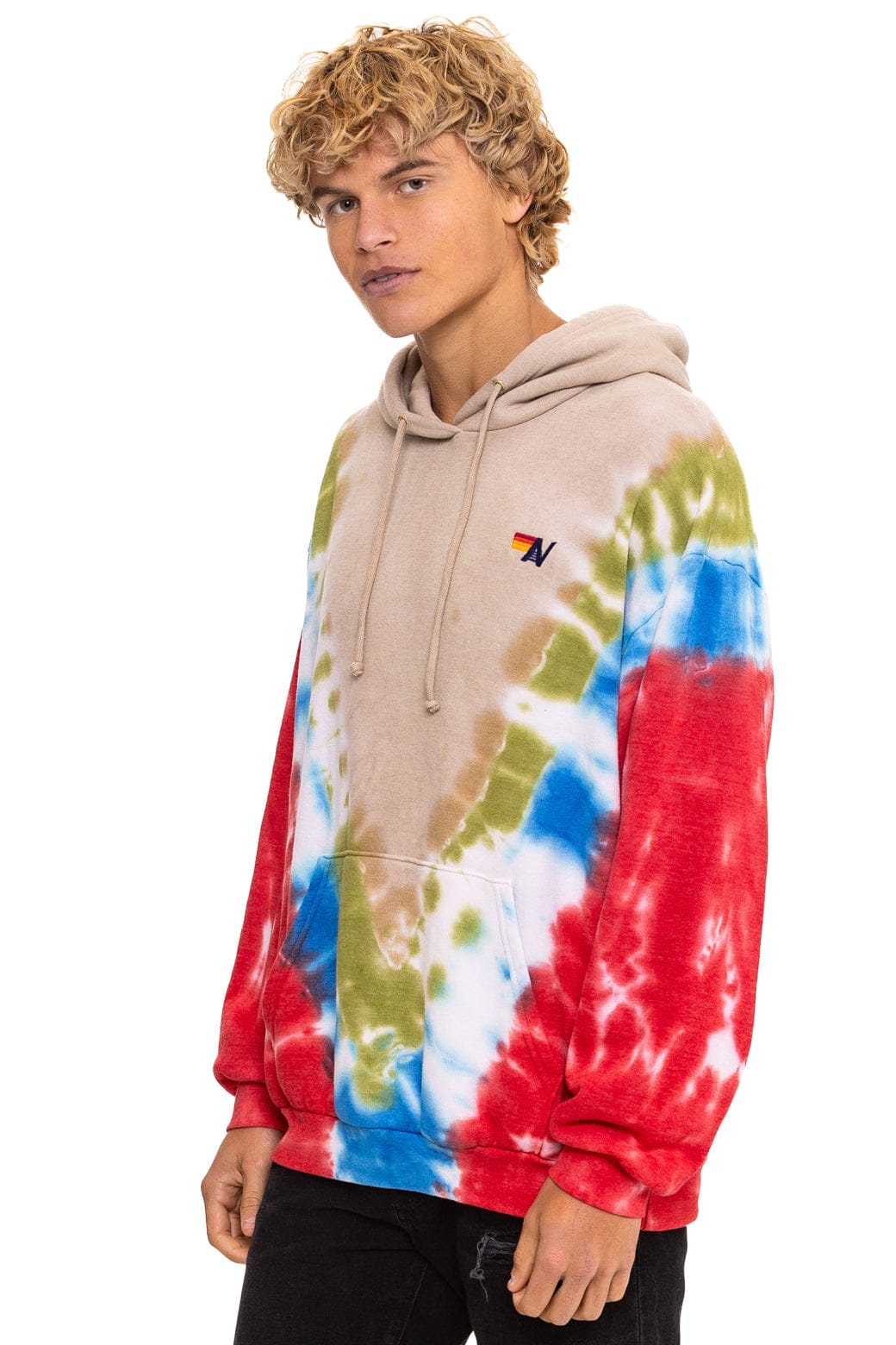 Aviator Nation HAND DYED V RELAXED PULLOVER HOODIE - TIE DYE SAND // BLUE RED