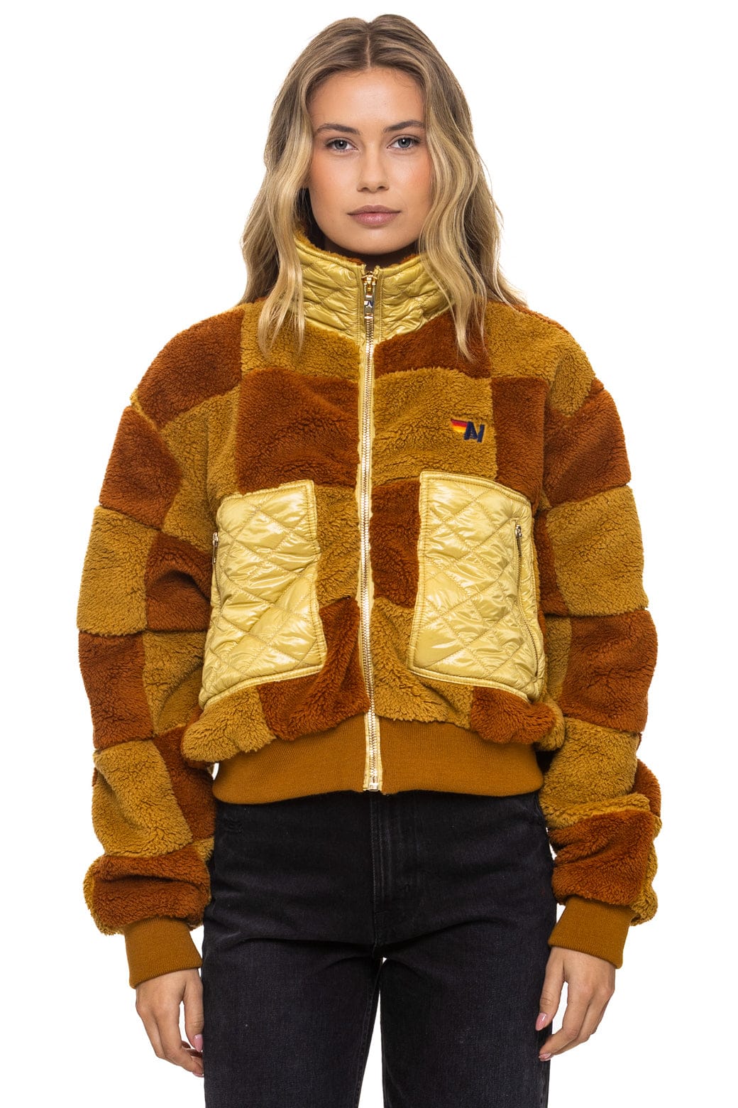 Aviator Nation TEDDY CHECKERBOARD WOMENS FULL ZIP JACKET - HONEY // WHISKEY