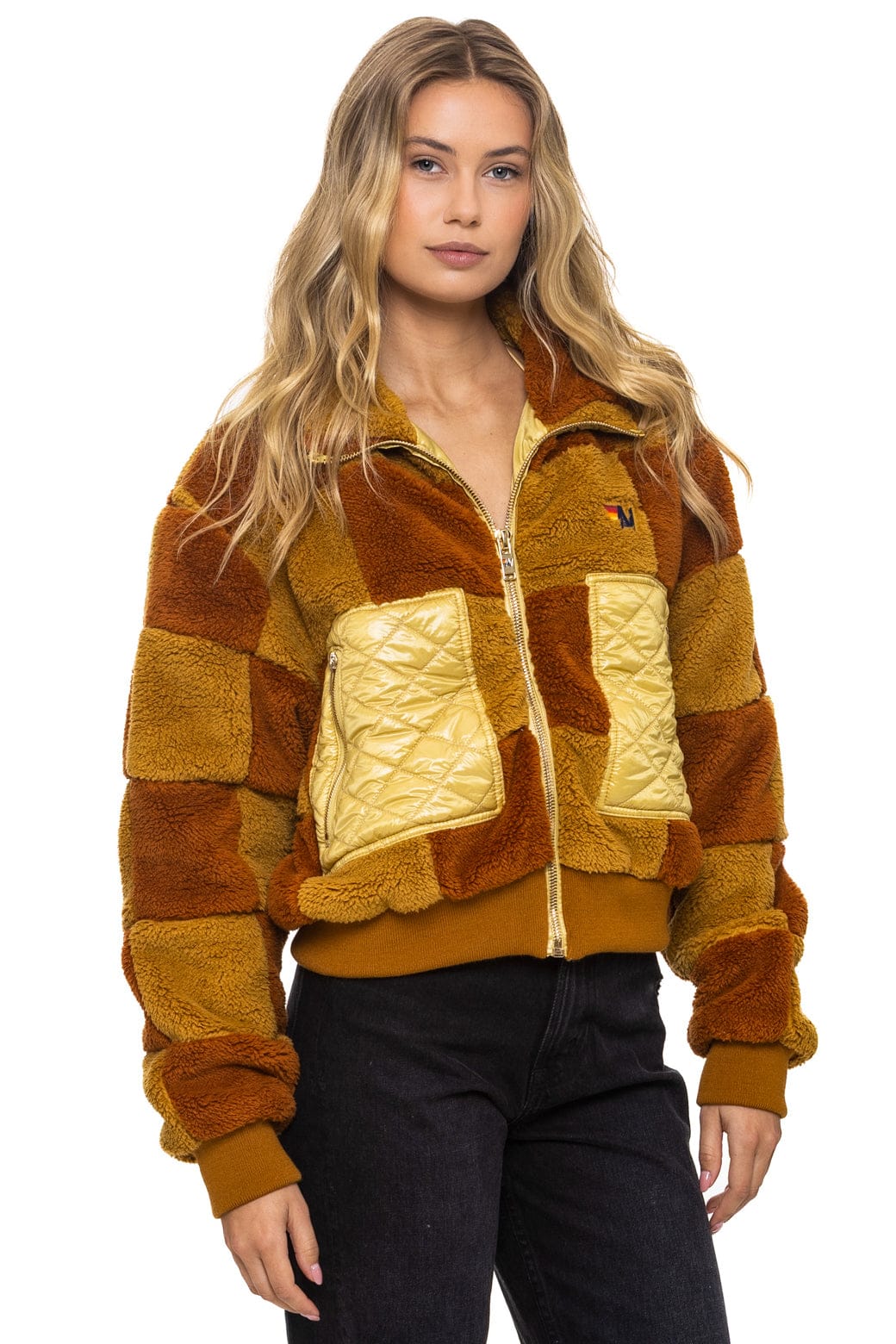 Aviator Nation TEDDY CHECKERBOARD WOMENS FULL ZIP JACKET - HONEY // WHISKEY
