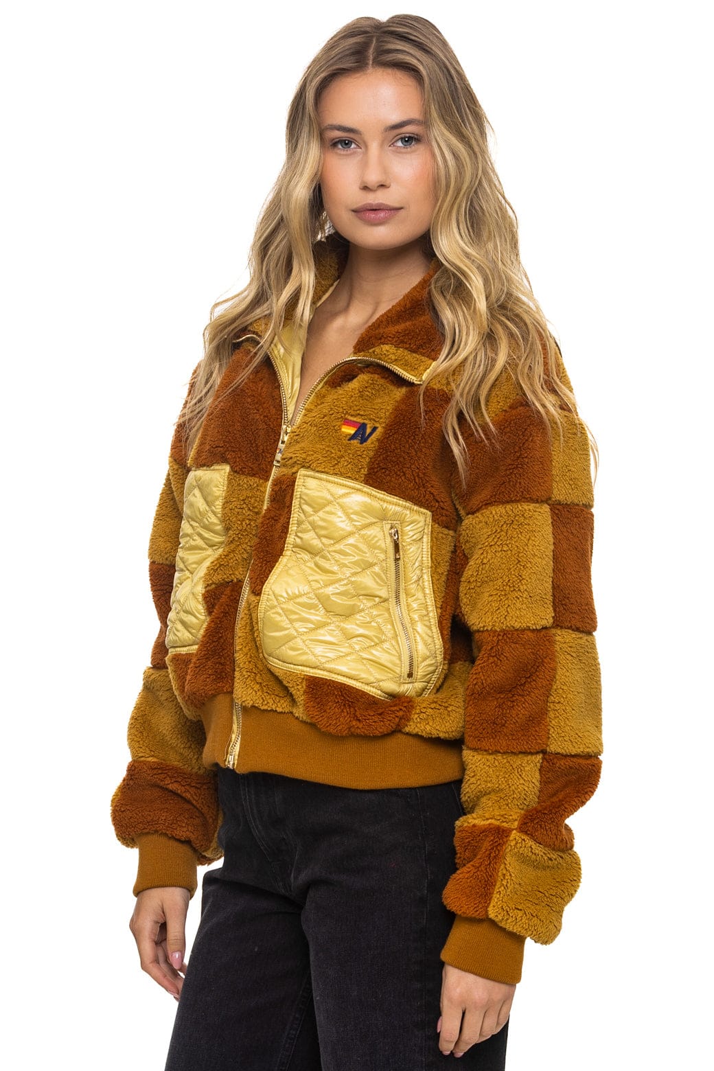 Aviator Nation TEDDY CHECKERBOARD WOMENS FULL ZIP JACKET - HONEY // WHISKEY